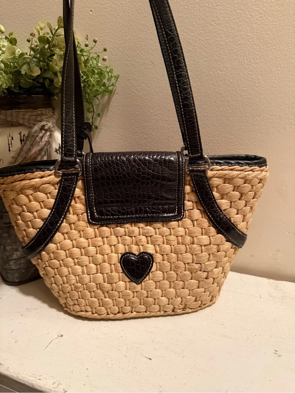 Brighton Natural Straw Tote with Dark Brown Trim and Heart Charm